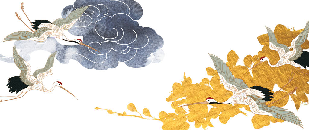 东方装饰与鹤鸟元素。手工绘制的带有金樱花矢量的中国云.老式风格的传单、横幅或展示。带有几何图标的水彩纹理图片