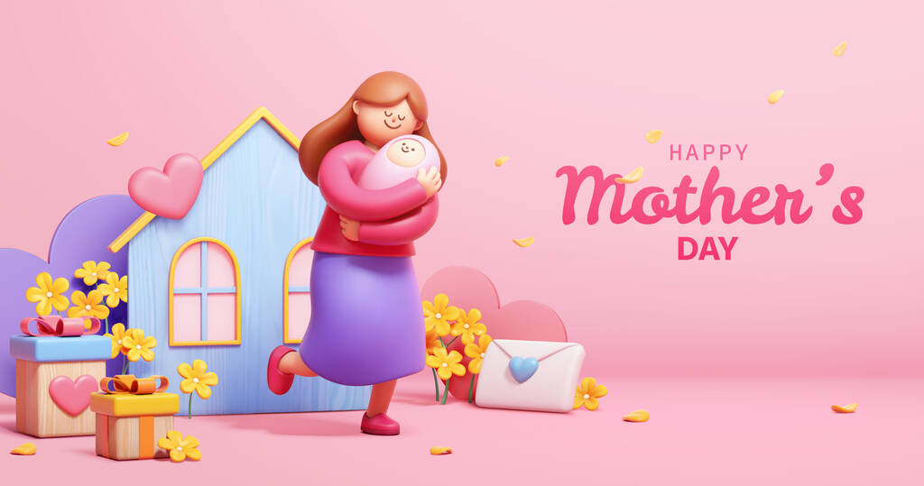 3D可爱的母亲节海报。在粉色背景下抱着孩子的母亲，带着鲜花和节日装饰.图片