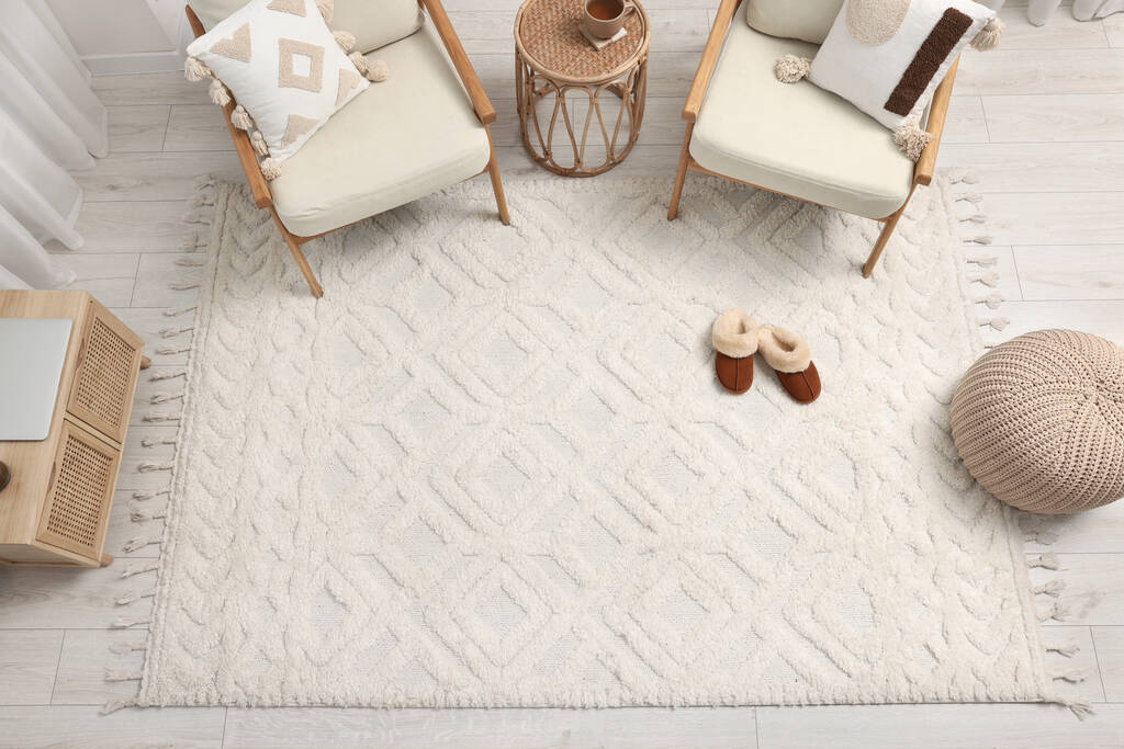 风格别致的客厅,上面有柔软的白色地毯和家具.室内设计
