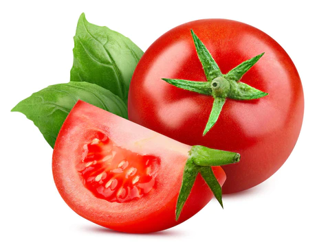 番茄在白色背景上被隔离。番茄和罗勒叶。Tomato宏工作室照片图片