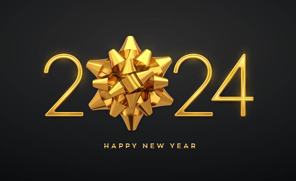 新的2024年快乐。黄金金属奢侈品号码2024 。贺卡的真实签名。节日海报或节日横幅的设计。矢量说明图片