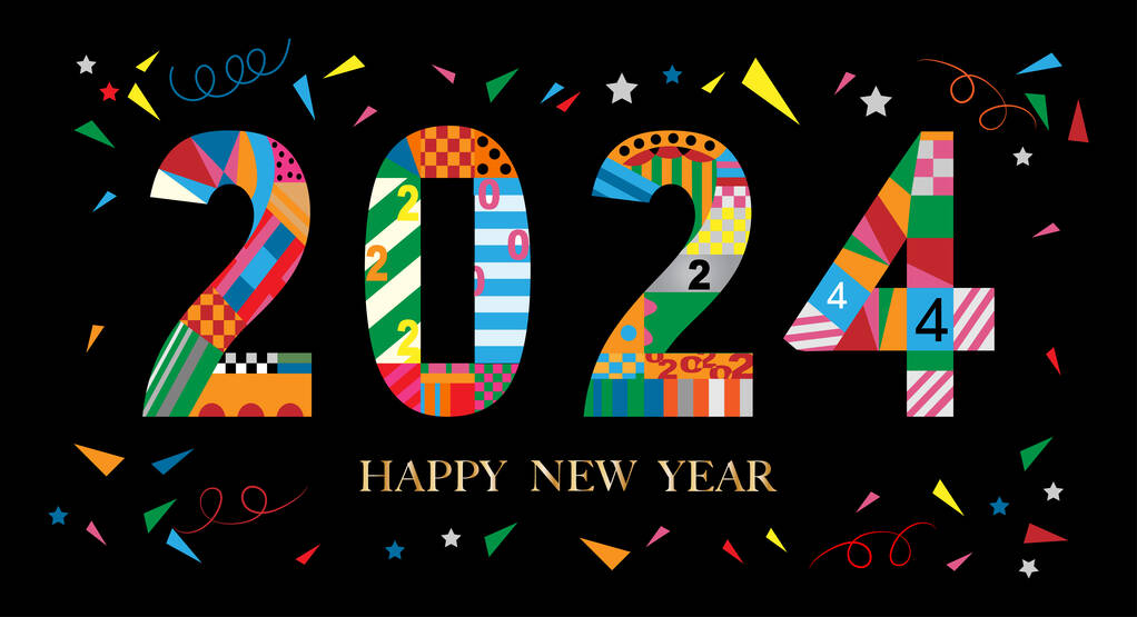 快乐新年2024设计，色彩斑斓的黑色背景几何风格，矢量字体文字装饰设计海报，横幅，问候语，圣诞，新年2024庆祝，圣诞晚会请柬图片