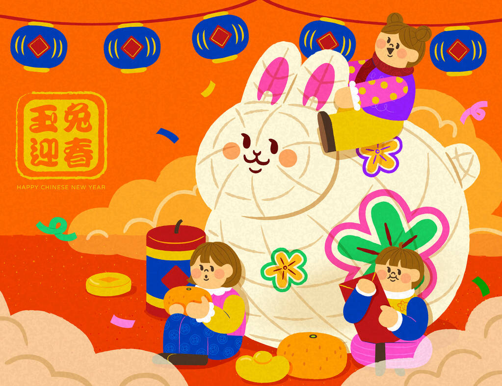 亚洲儿童坐在一个红色橙色背景的大型兔子艺术设施旁边的图片。文字：兔子欢迎春天的到来.图片