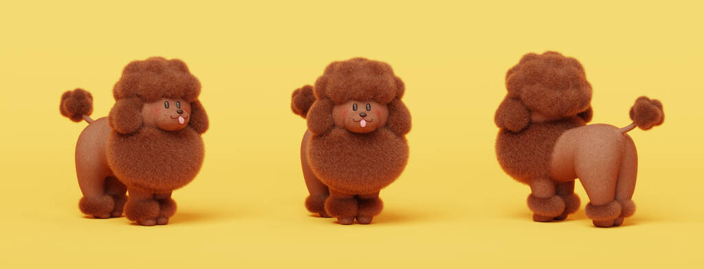 3D精美的玩具狮子狗站在黄色背景的不同角度上.图片