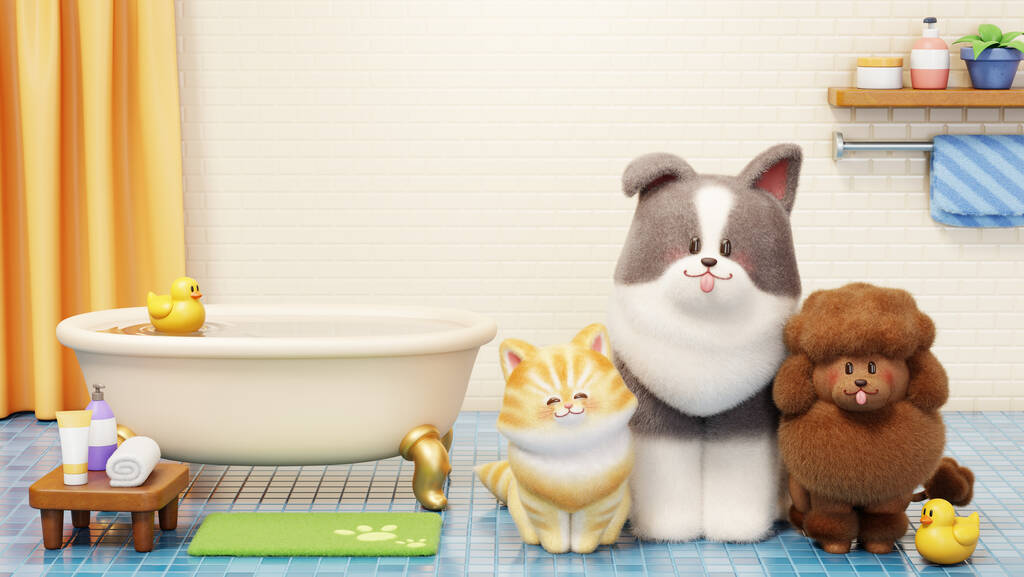 3D可爱的狗和猫在浴室等待洗澡时间图片