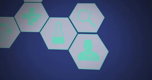 在蓝色背景下漂浮的多个医学图标的动画。医学研究和科学技术概念图片