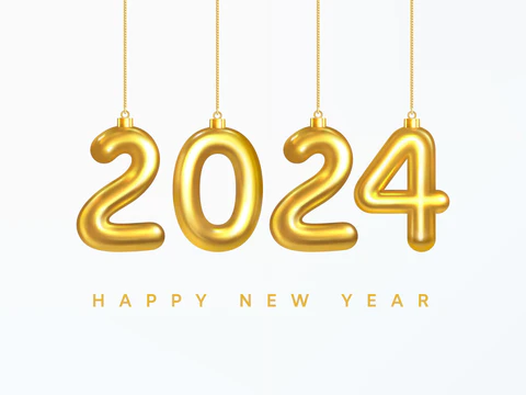 2024年新年贺卡。2024号挂在一根金色的圣诞树线上新年快乐。圣诞装饰。现实的3D矢量说明图片