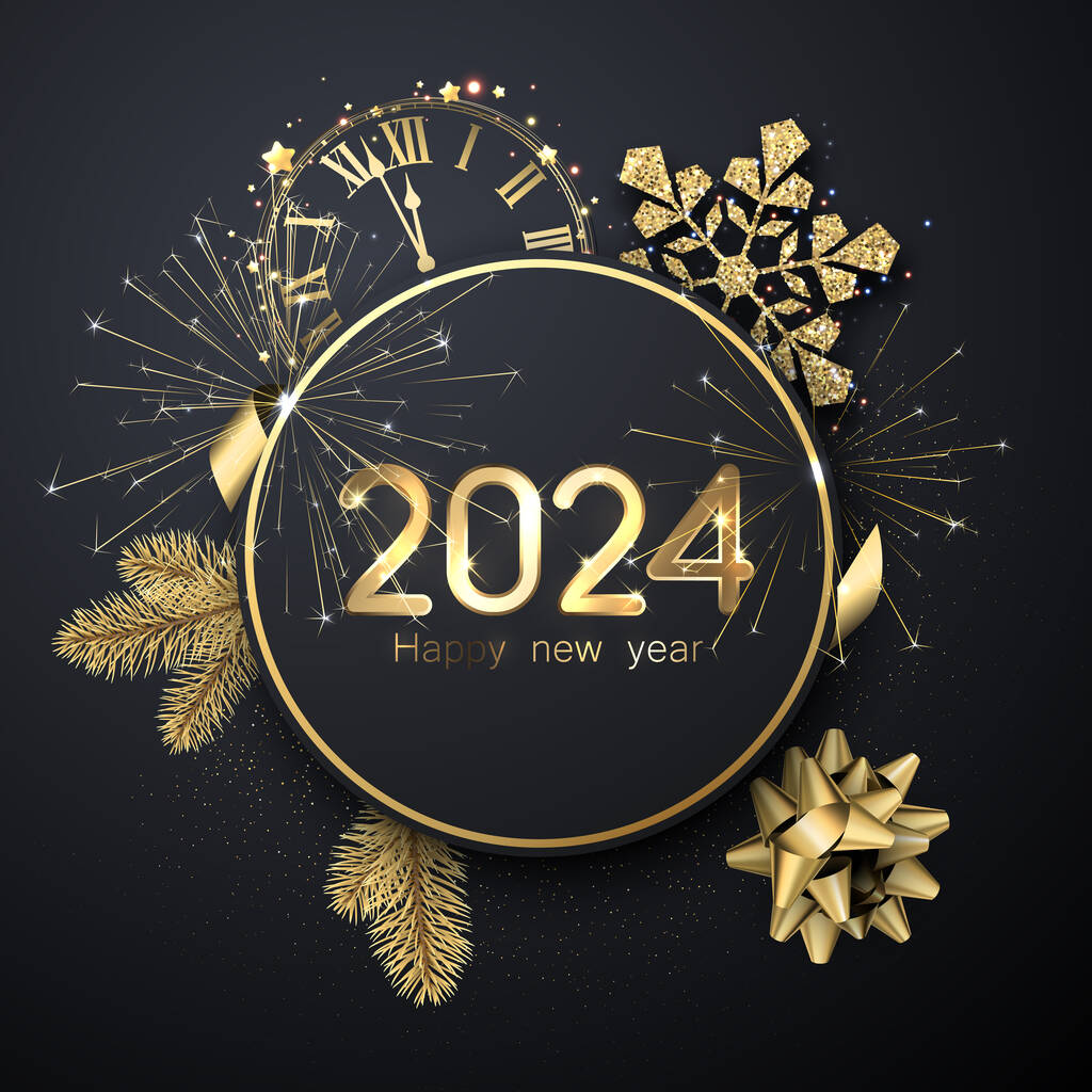 新的一年2024年金光闪闪的气球，白色圆圆的背景，雪片，枞树枝条，钟面和闪闪发光的粒子。矢量说明.