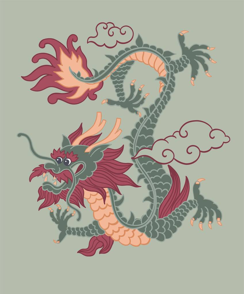 龙是2024年新年的象征，一种有爪子和爬行动物尾巴的孤立生物。可怕的野兽,云彩和中文的符号或图画.童话里的怪兽平面样式插图中的向量图片