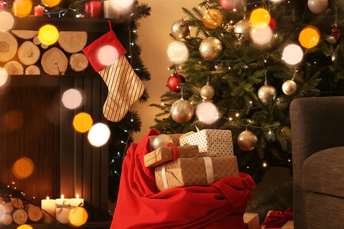 圣诞前夕，圣诞前夕，圣诞礼物满满一袋，房间里都是壁炉图片