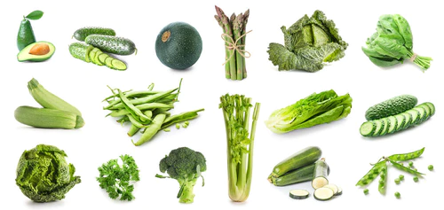 白色背景的新鲜绿色蔬菜套装图片