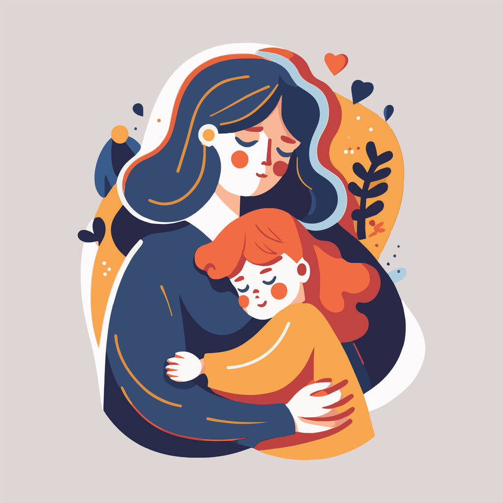 妈妈抱着宝宝在花朵的背景上，快乐妈妈的日子矢量平面画图，我爱你妈妈