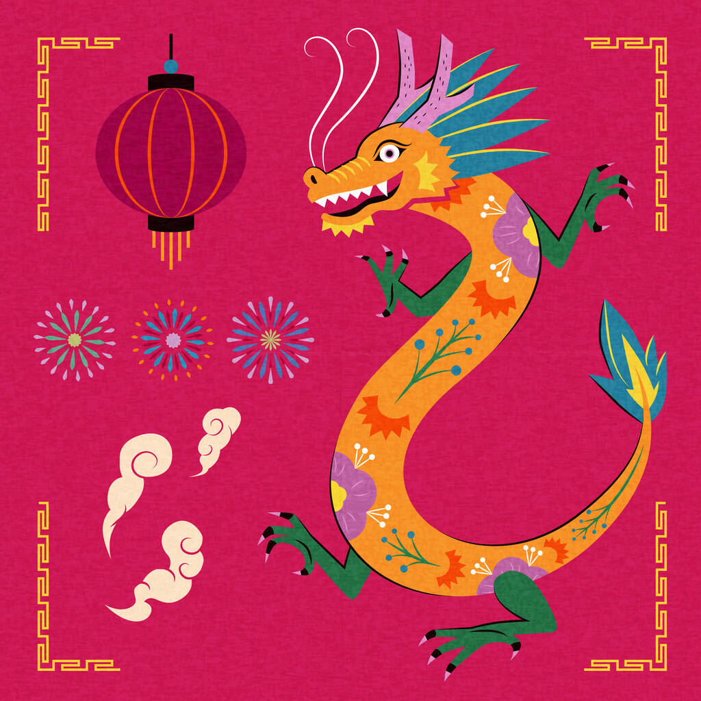 里索风格的CNY元素在粉色背景上被隔离。龙、灯笼、烟火、云彩.图片