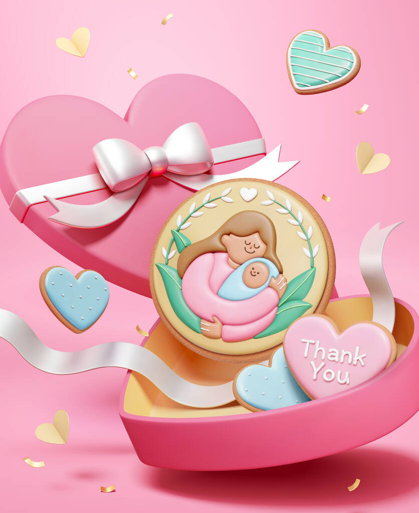 粉色背景心形盒中的三维糖霜饼干。母亲节快乐海报.图片