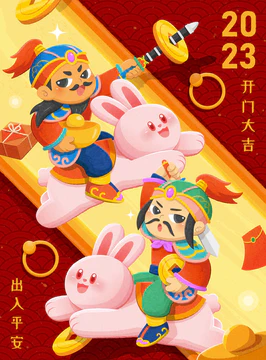 CNY手绘纹理海报。可爱的门神骑在粉红的兔子身上祝你有一个吉祥的开始。小心点.图片
