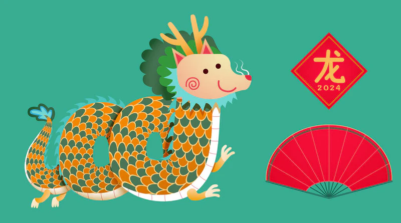 CNY Dragon, doufang, and paper fan isolated on cyan background.文字:龙.