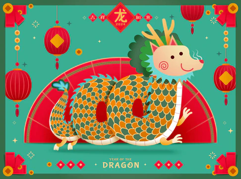 可爱的龙和喜庆的CNY装饰在青色背景与框架。文字：龙。好险啊祝好运.图片