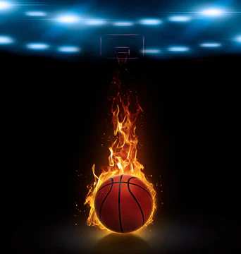 篮球场上的篮球失火了.3D渲染图片
