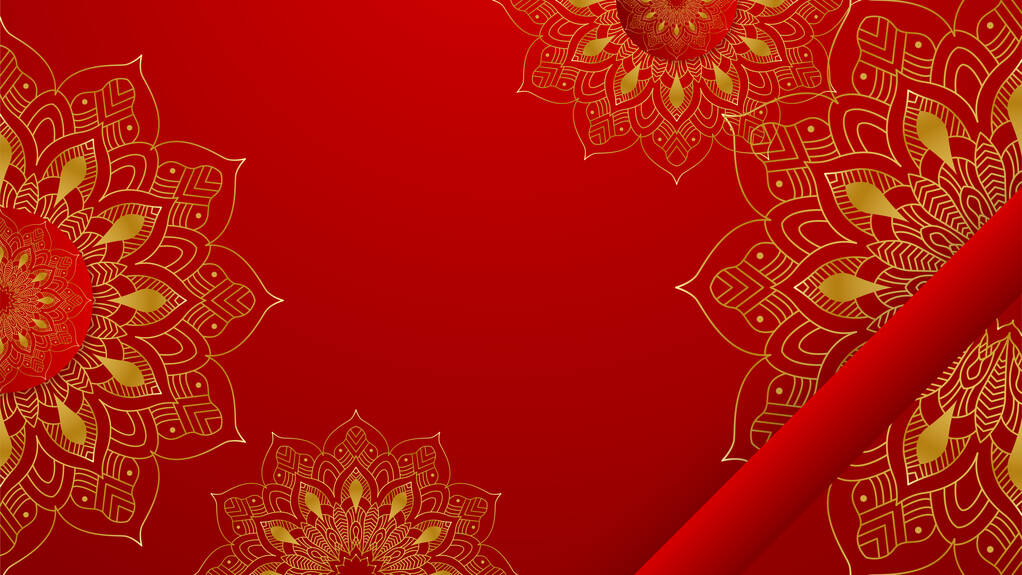 华丽的深红色和金色背景，带有曼陀罗图案。用于印刷、海报、封面、传单、横幅的装饰式曼陀罗.