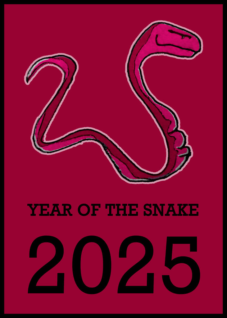 2025年的蛇海报插图，以文字和蛇画作为设计元素 