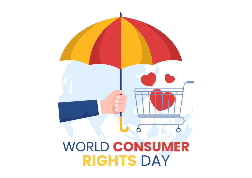 带购物袋的世界消费者权利日图解及消费者对平面漫画手绘模板网页或登陆页面的需求