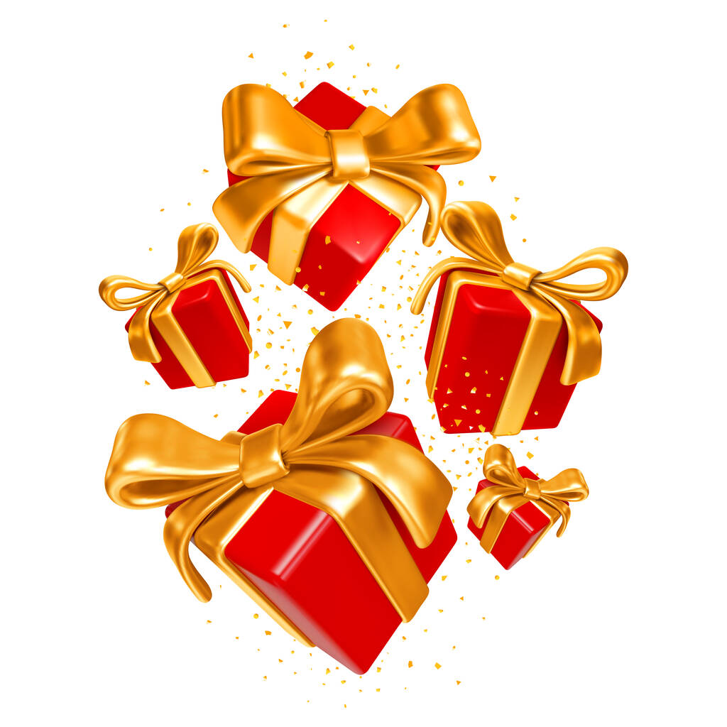 生日、圣诞节、新年和其他节日的设计。飘扬或飘落的红色礼品盒，上有华丽的金色蝴蝶结和白色背景的金银花。矢量现实的3D示例