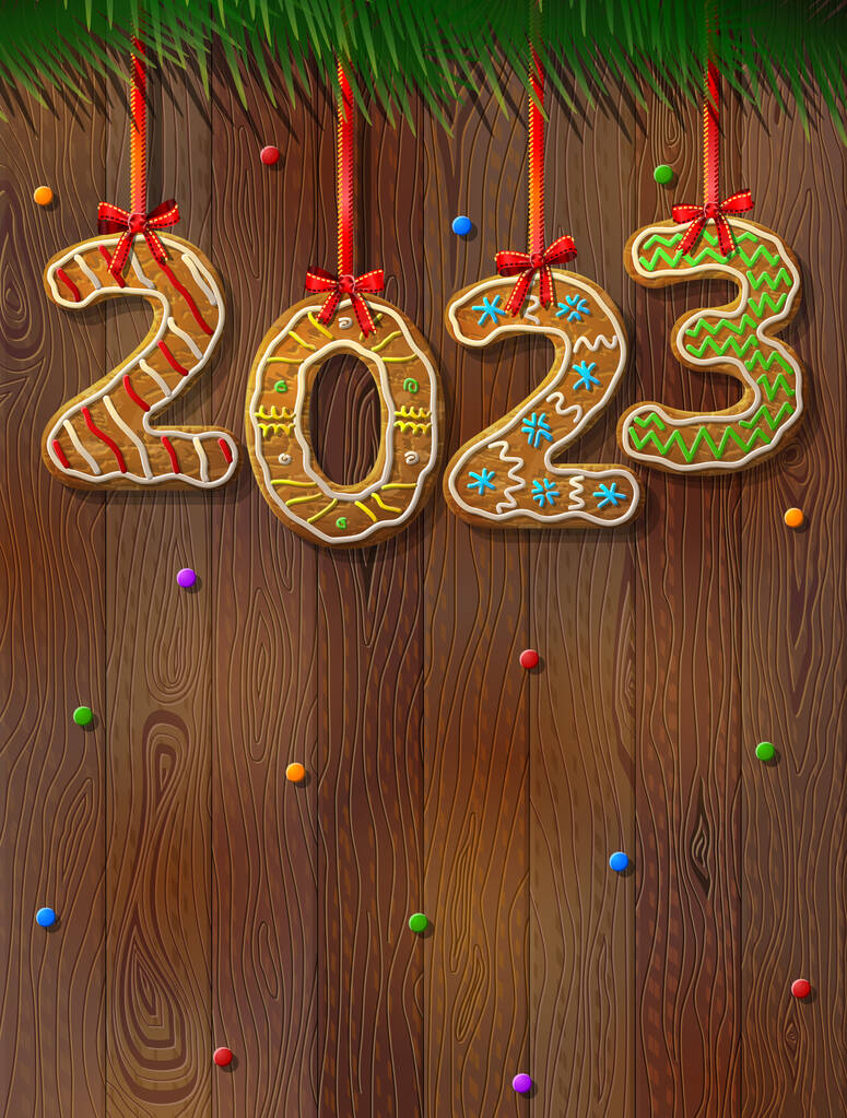 新的2023年，姜饼的形状与木材背景。像彩带上的饼干一样的年份。圣诞节、新年、烹调、寒假、食物、绸缎等的病媒图解