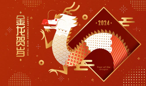 喜庆的CNY海报优雅的东方龙，红色背景图案，金色设计元素。文字：金龙庆祝新年.图片