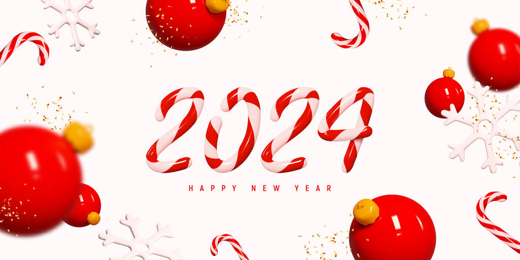 祝您新年快乐。3D号糖果2024号粉色背景与塑料圣诞球，雪花，糖果手杖和金冠。新年的标志。矢量说明.