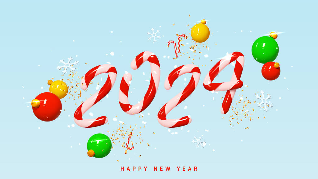 祝您新年快乐。3d号糖果，2024号，带有塑料圣诞球，雪花，糖果手杖和金冠。新年的标志。现实的3D矢量说明.图片