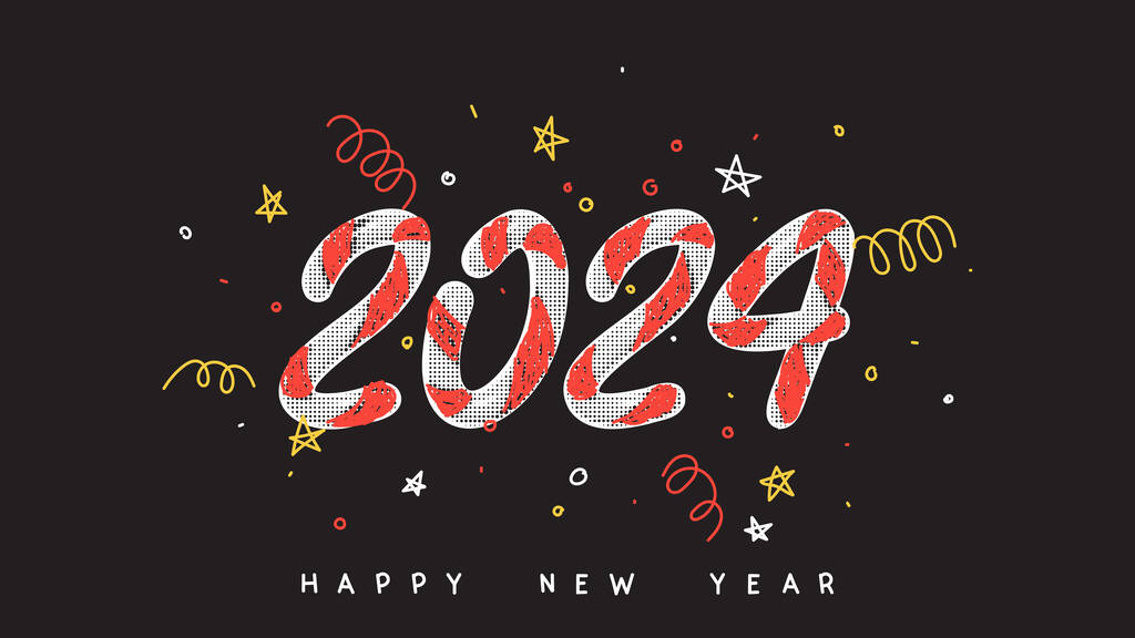 新年快乐2024横幅。矢量插图与半色调编号2024和手绘涂鸦烟火。用甘蔗做的装饰卡片、招贴画、社交媒体的半色调新年标志.