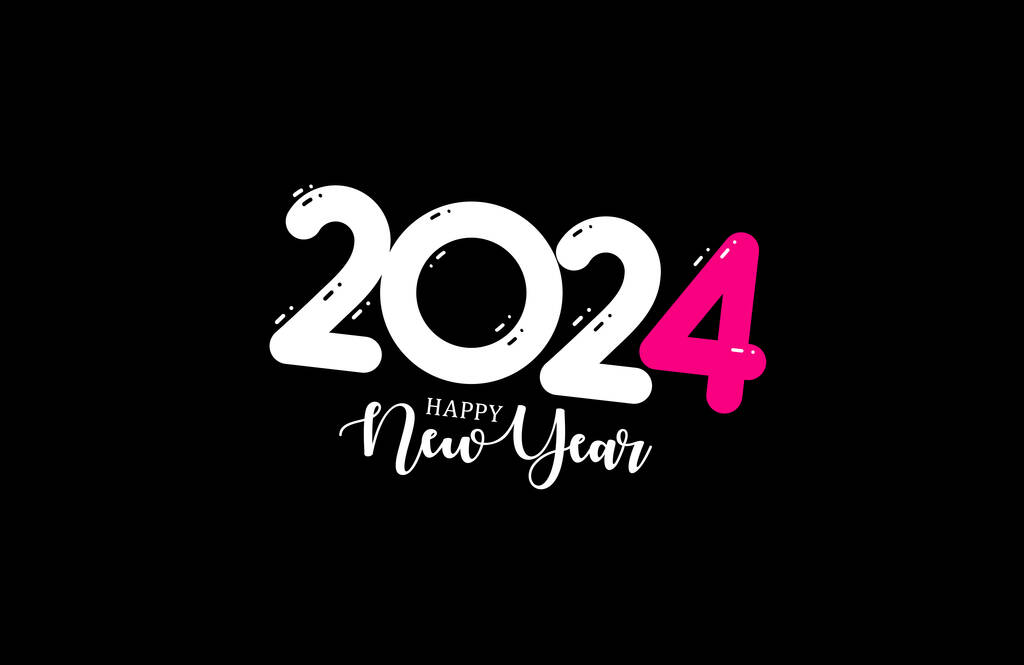 2024新年问候以现代的，时尚的，可爱的卡通风格，黑色背景与粉红口音。完美的年轻和时髦的庆祝活动。矢量说明.图片