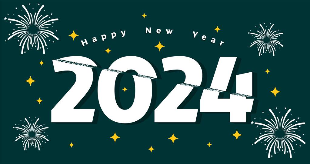 矢量2024快乐新年与星辰和粘性效果