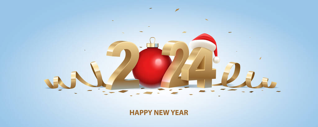 新年快乐2024 。带有圣诞帽、红色圣诞球和浅蓝色背景的彩蛋的金色3D数字.