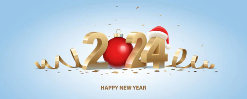 新年快乐2024 。带有圣诞帽、红色圣诞球和浅蓝色背景的彩蛋的金色3D数字.图片