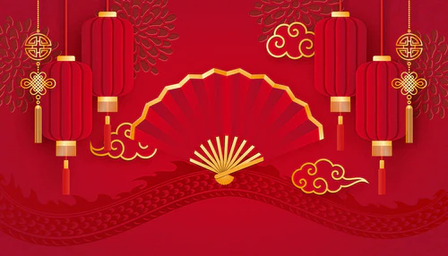 金红浮雕传统彩灯折扇与螺旋云彩图片