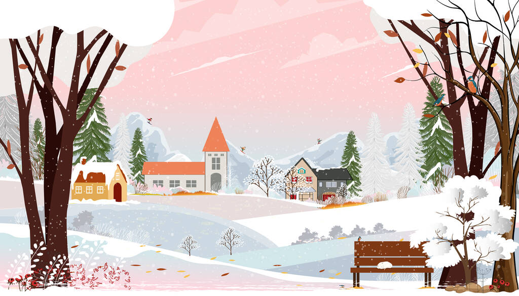 冬季风景城公园，有猫睡在花园的长椅上，村里有可爱的圣诞节，有病媒漫画背景背景，有高山、云彩和粉色天空背景的冬季仙境
