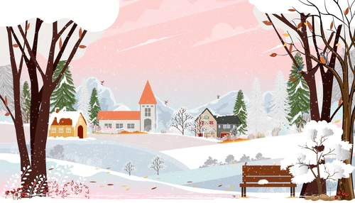 冬季风景城公园，有猫睡在花园的长椅上，村里有可爱的圣诞节，有病媒漫画背景背景，有高山、云彩和粉色天空背景的冬季仙境图片