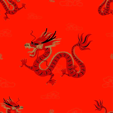 亚洲龙黄道带符号的矢量无缝图案剪纸艺术和工艺风格红色背景。墙纸、面料、纺织品背景的概念。中文翻译，龙年图片