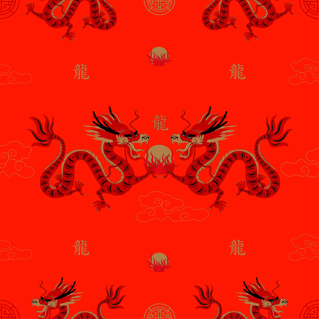 亚洲龙黄道带符号的矢量无缝图案剪纸艺术和工艺风格红色背景。墙纸、面料、纺织品背景的概念。中文翻译，龙年