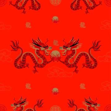亚洲龙黄道带符号的矢量无缝图案剪纸艺术和工艺风格红色背景。墙纸、面料、纺织品背景的概念。中文翻译，龙年图片