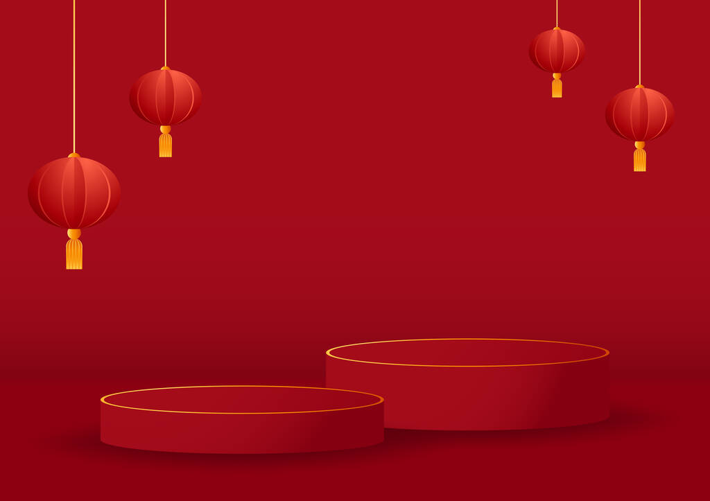 中国农历2023年快乐。中国新年横幅与圆形的展示产品.问候卡。中国的镜框，红色背景的灯笼.图片