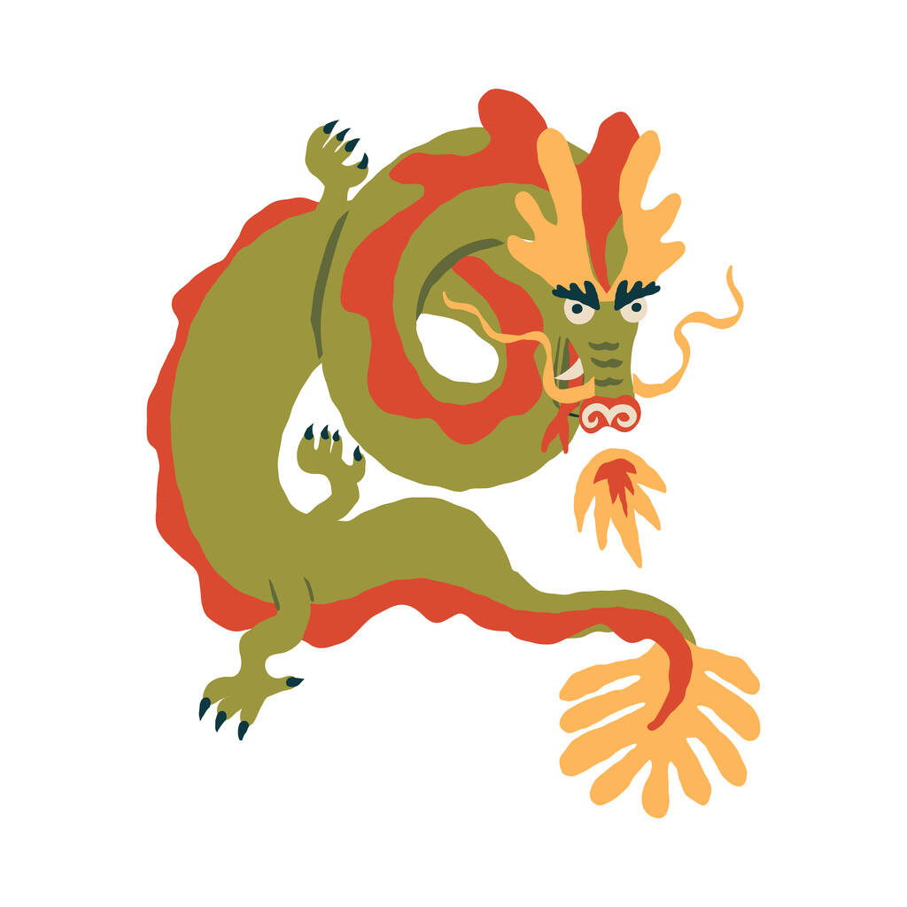 东方亚洲绿色木龙，即将迎来2024年农历新年，传统亚洲神话中的动物。矢量手绘插图，带有复古效果.