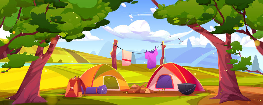 Summer camping scene with tents, green hills and forest. Cartoon vector illustration of beautiful natural landscape, tourist equipment in shadow of ancient trees. Family weekend travel. Vacation trip