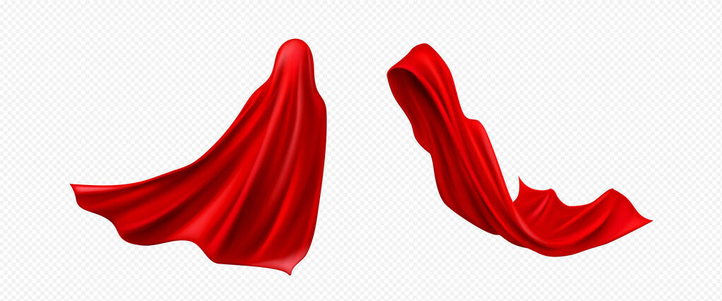 红色超级英雄斗篷设置隔离在白色背景。真丝布在风中飘扬、服装斗篷、室内设计用纺织品窗帘、缎子斗篷的矢量写实图解