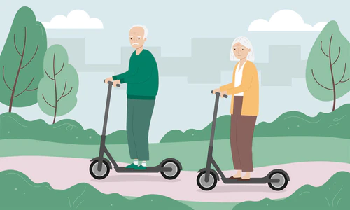 Senior man and woman riding kick scooter. Old man and woman riding electric scooter in the city park图片