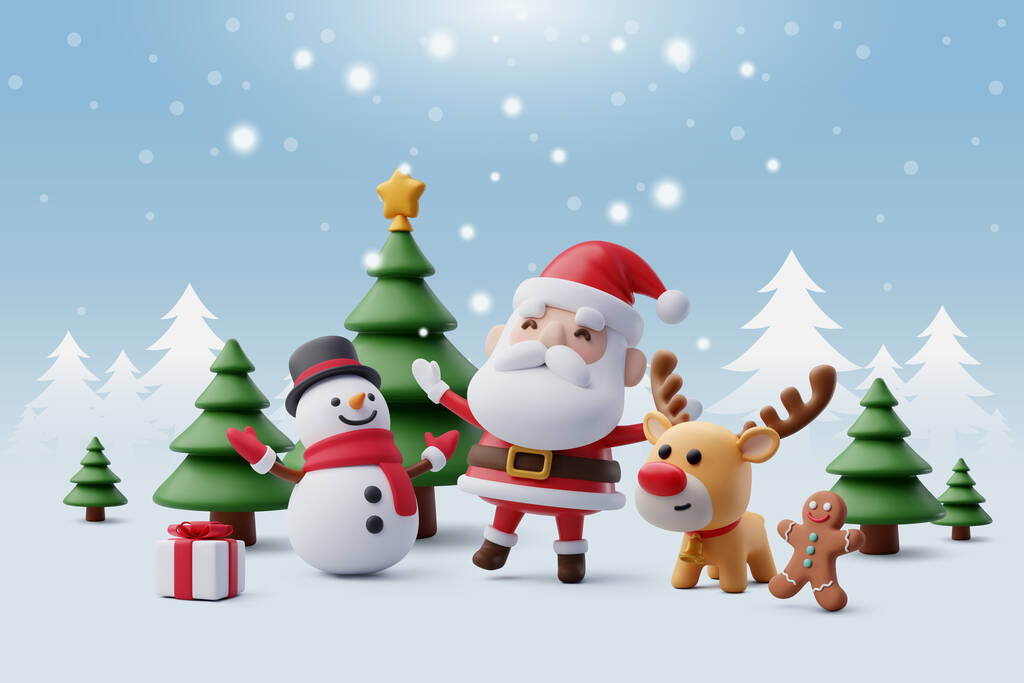 圣诞老人、雪人、姜饼和驯鹿都在玩雪，用圣诞树、圣诞快乐和新年祝福的概念来庆祝新年.图片