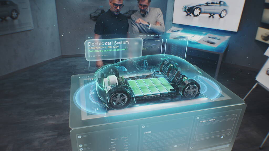 两名男性汽车工程师利用未来的增强型现实全息汽车原型开发新的环保电动汽车。汽车高科技发展的3D图形。VFX动画.