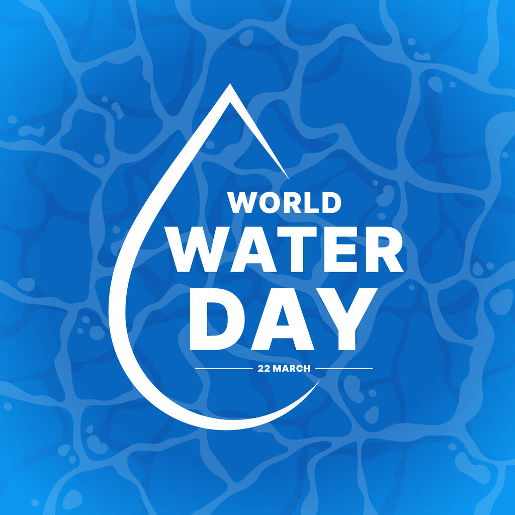 世界水日-蓝水纹理背景矢量设计的白色文字和线条滴水标志