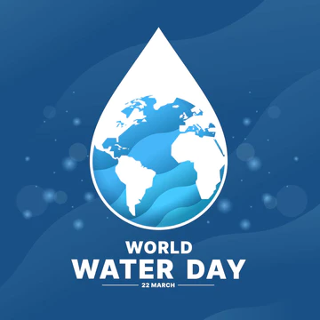 世界水日-蓝色背景矢量设计中带有圆球沃尔德符号和蓝色曲线波纹的滴水图片
